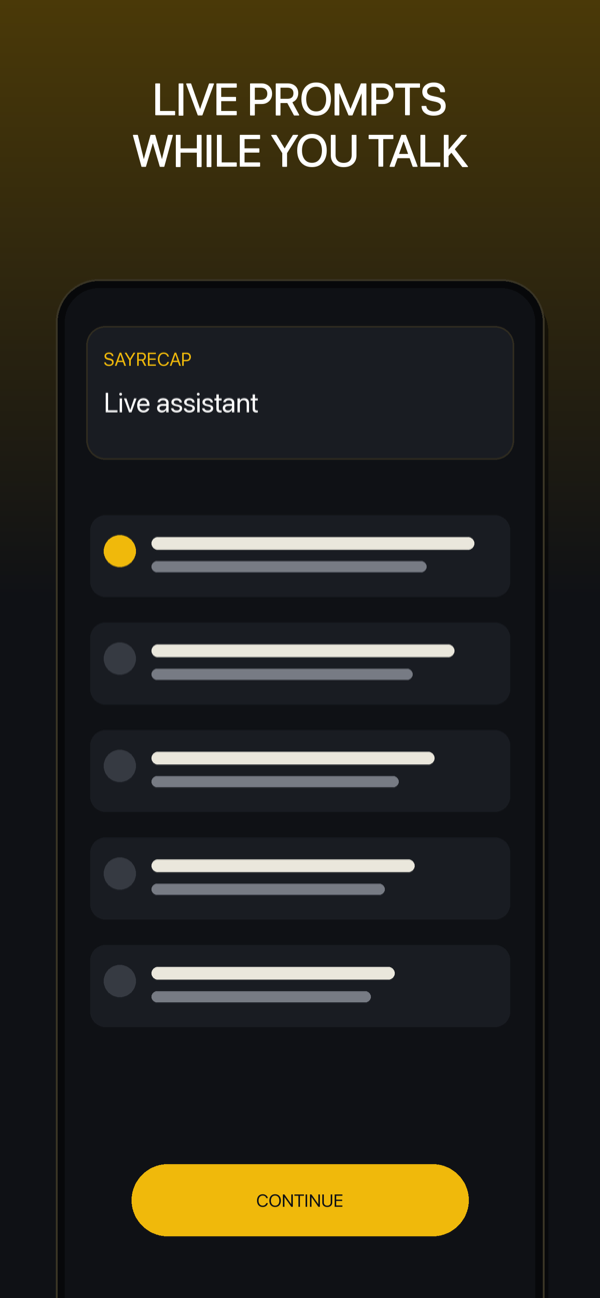 Sayrecap live assistant screen with prompts